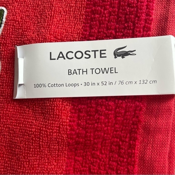 LACOSTE Bath Towel Red 100% Cotton 30”X 52” Large Crocodile NWT - Picture 7 of 8